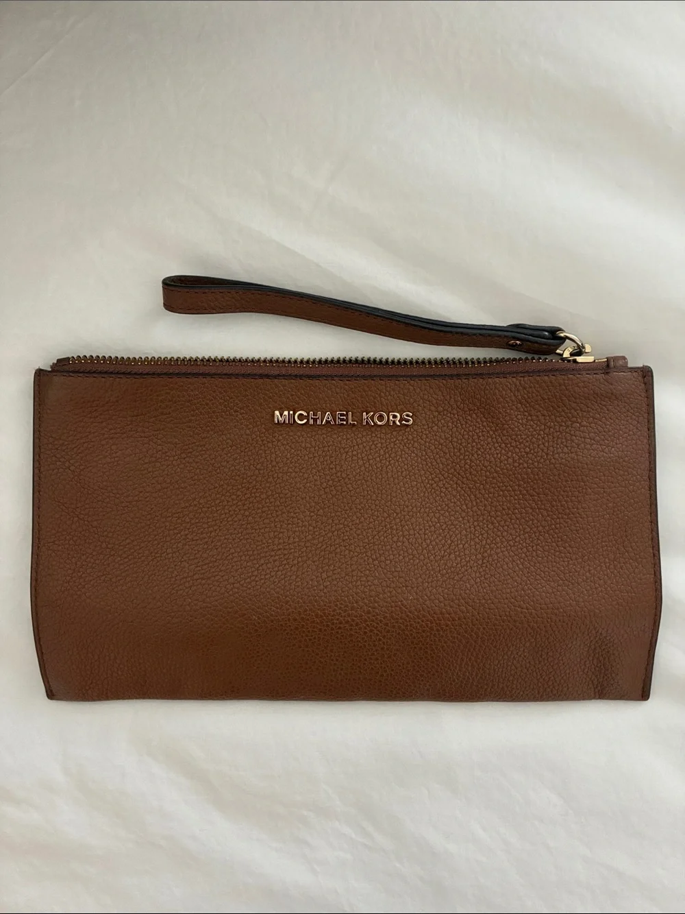 Michael Kors Brown Leather Wristlet Pouch with Gold Logo